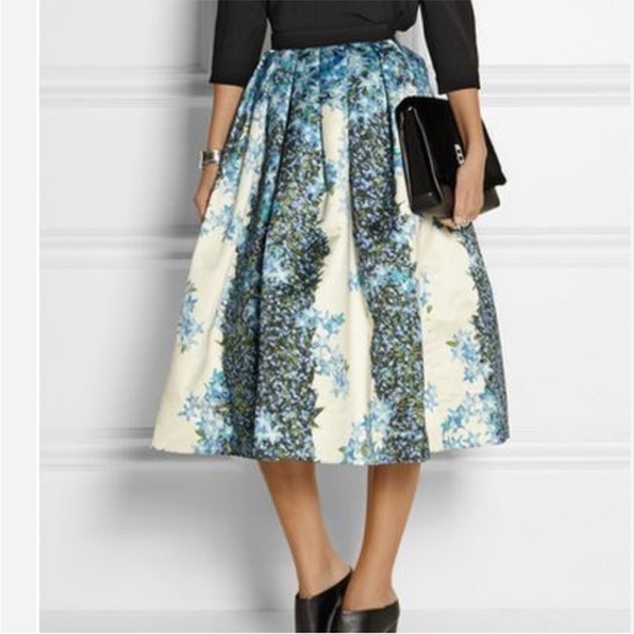 Tibi 100% Silk Gazar Blue Floral Pleated Full Sidewalk Luxury Midi Skirt Size 2 - Picture 3 of 16